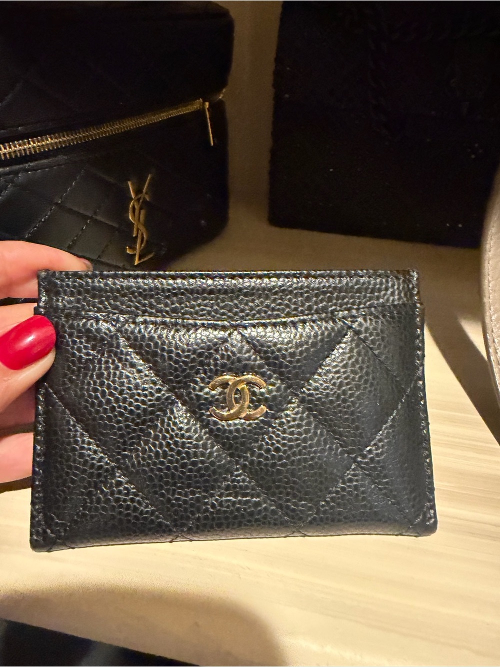 CHANEL Black Quilted Caviar Leather Card Holder with Gold CC Hardware
